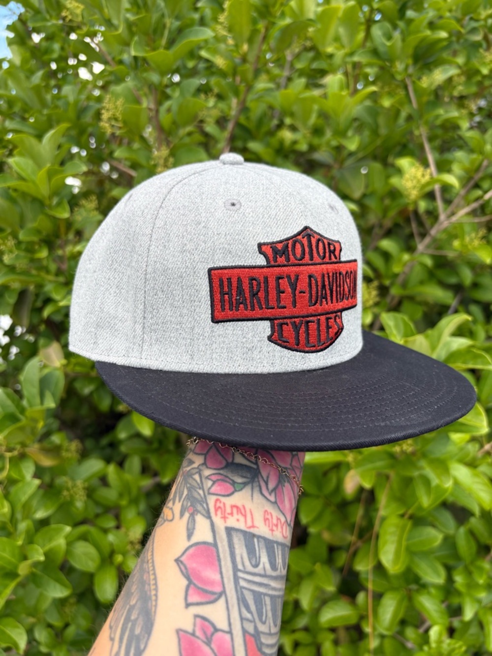 Harley Davidson Orange Logo SnapBack Hat Gray Flat Black Brim Adjustable Moto